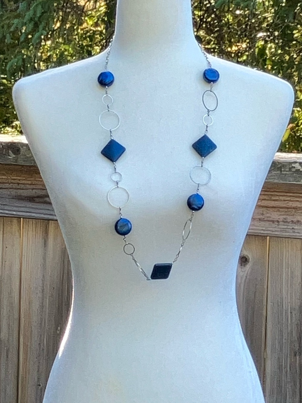 Navy Blue Long Necklace with Silver Geometric Accents
